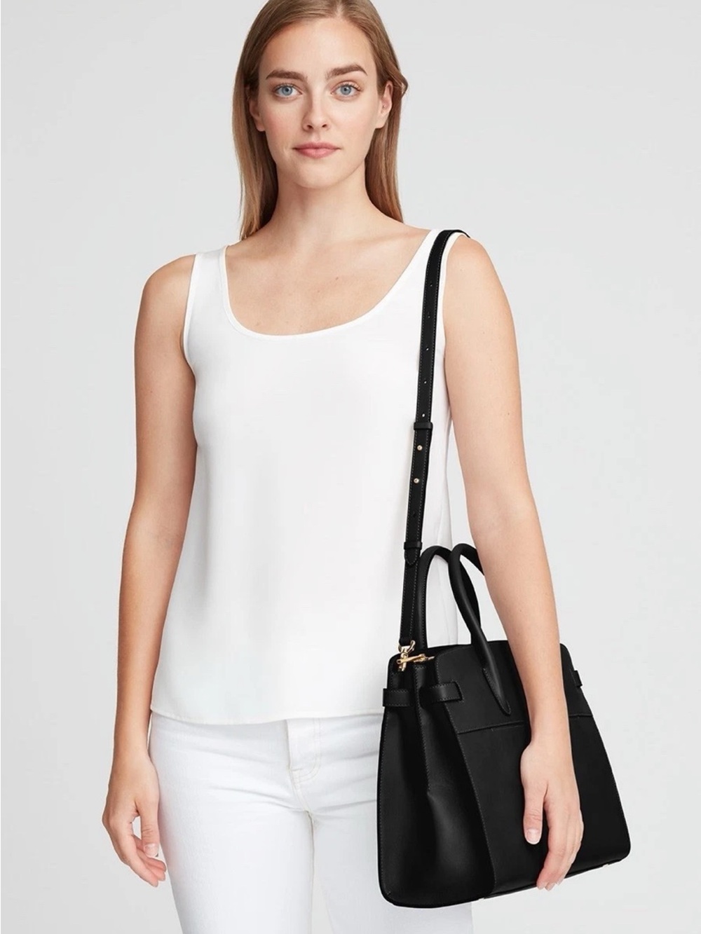 Cuyana Work Satchel tote bag pebbled Italian leather black with strap dust bag